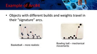 Example of Arc#4
• Objects with different builds and weights travel in
their “signature” arcs.
Basketball – more realistic
Bowling ball – mechanical
movements
 