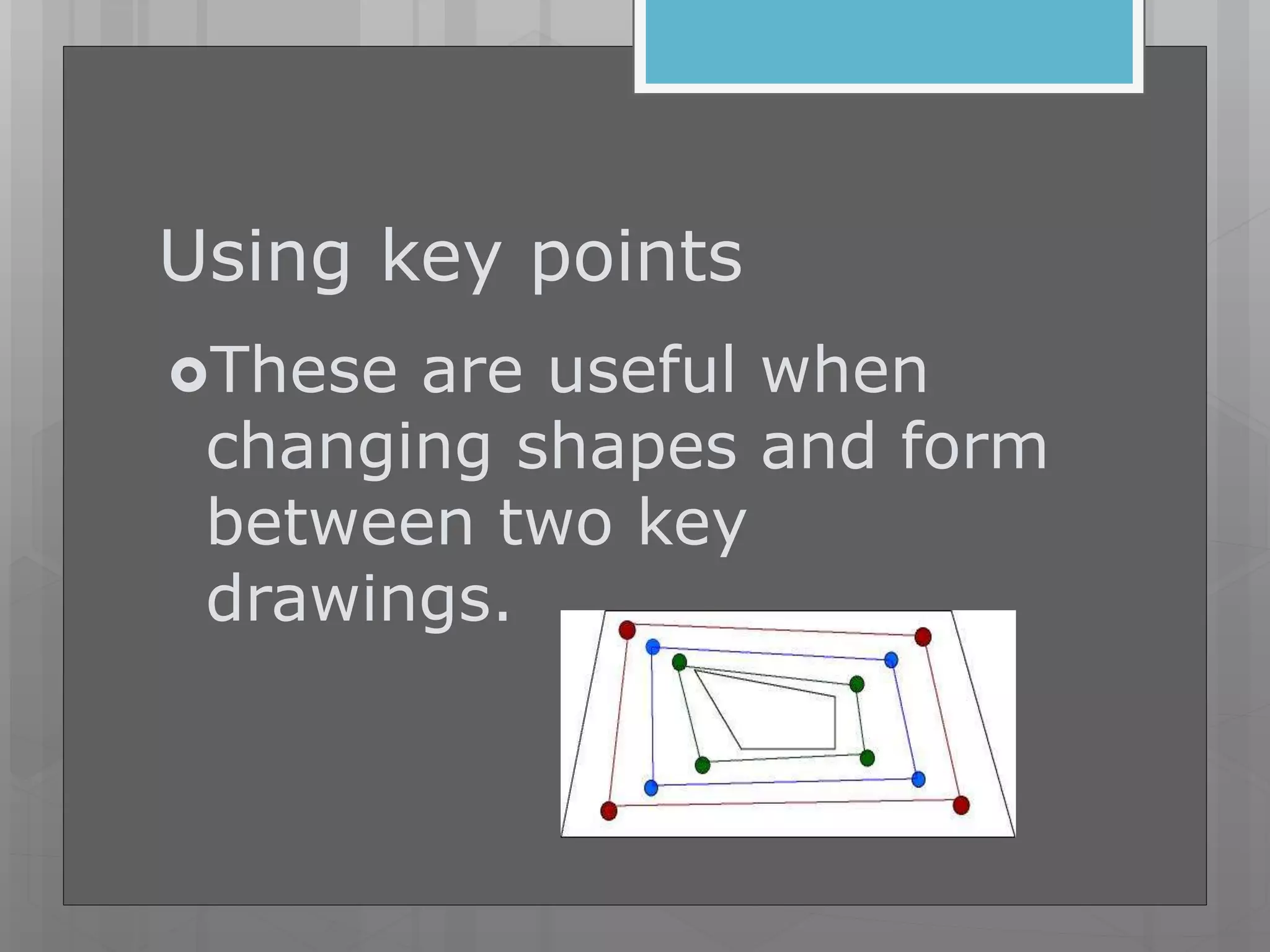 Using key points
These are useful when
changing shapes and form
between two key
drawings.
 