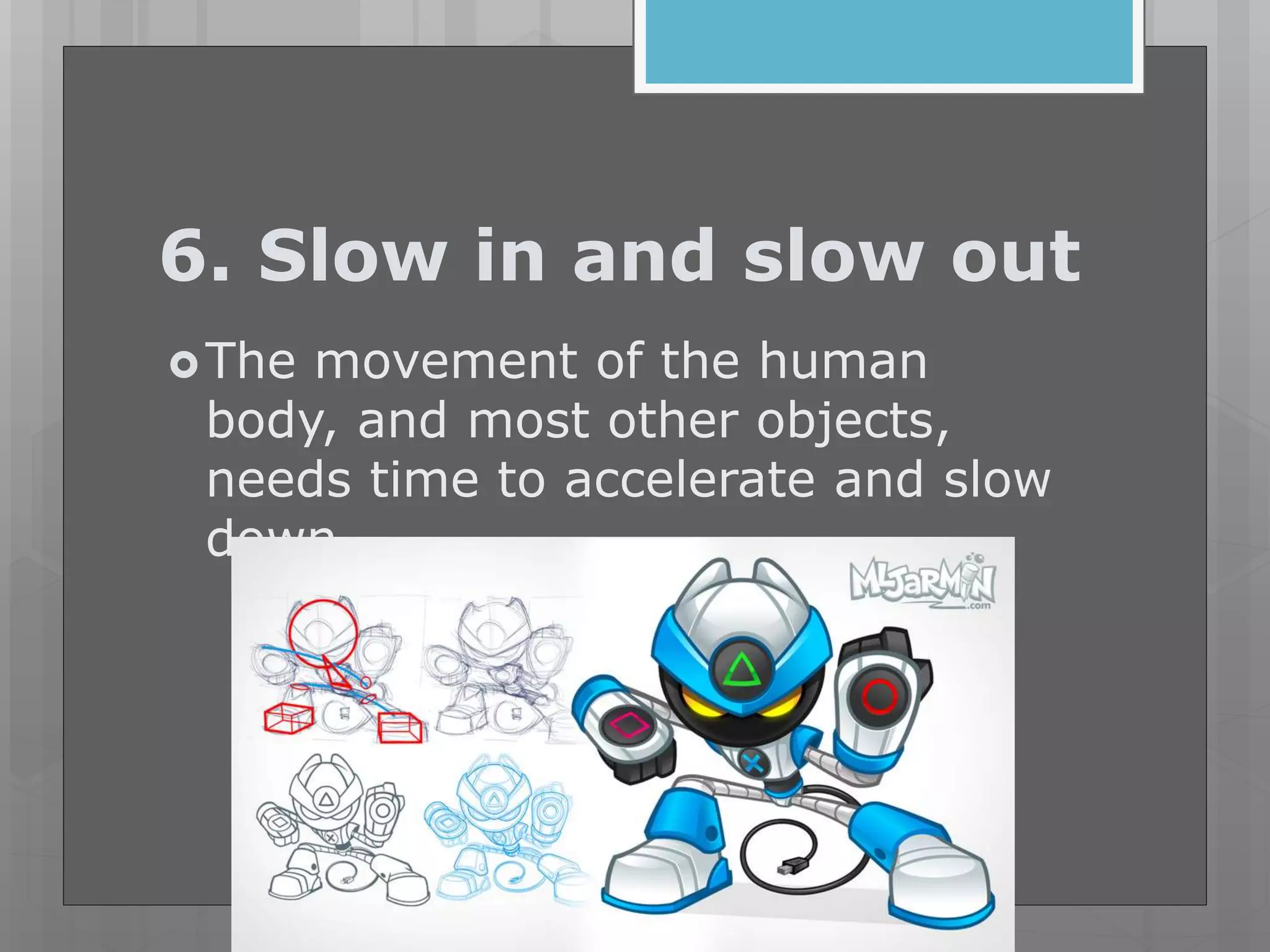 6. Slow in and slow out
The movement of the human
body, and most other objects,
needs time to accelerate and slow
down.
 