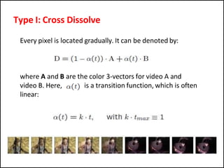 Every pixel is located gradually. It can be denoted by:
where A and B are the color 3-vectors for video A and
video B. Here, is a transition function, which is often
linear:
Type I: Cross Dissolve
 