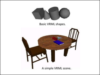 A simple VRML scene.
Basic VRML shapes.
 