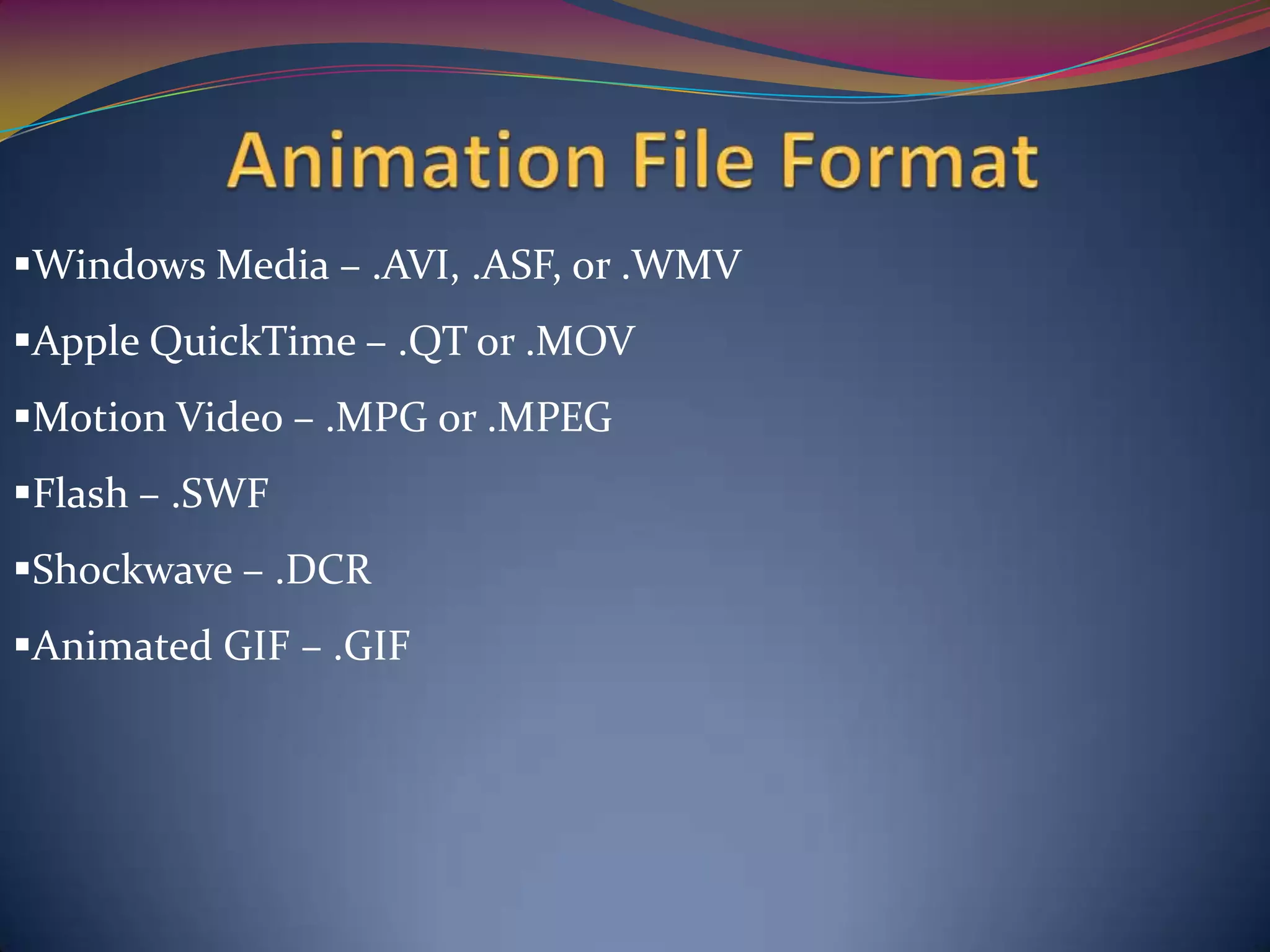 Windows Media – .AVI, .ASF, or .WMV
Apple QuickTime – .QT or .MOV
Motion Video – .MPG or .MPEG
Flash – .SWF
Shockwave – .DCR
Animated GIF – .GIF
 