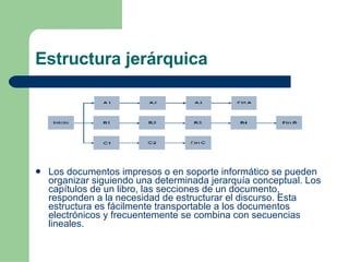 Los documentos impresos o en soporte informático se pueden organizar siguiendo una determinada jerarquía conceptual. Los capítulos de un libro, las secciones de un documento, responden a la necesidad de estructurar el discurso. Esta estructura es fácilmente transportable a los documentos electrónicos y frecuentemente se combina con secuencias lineales. Estructura jerárquica 