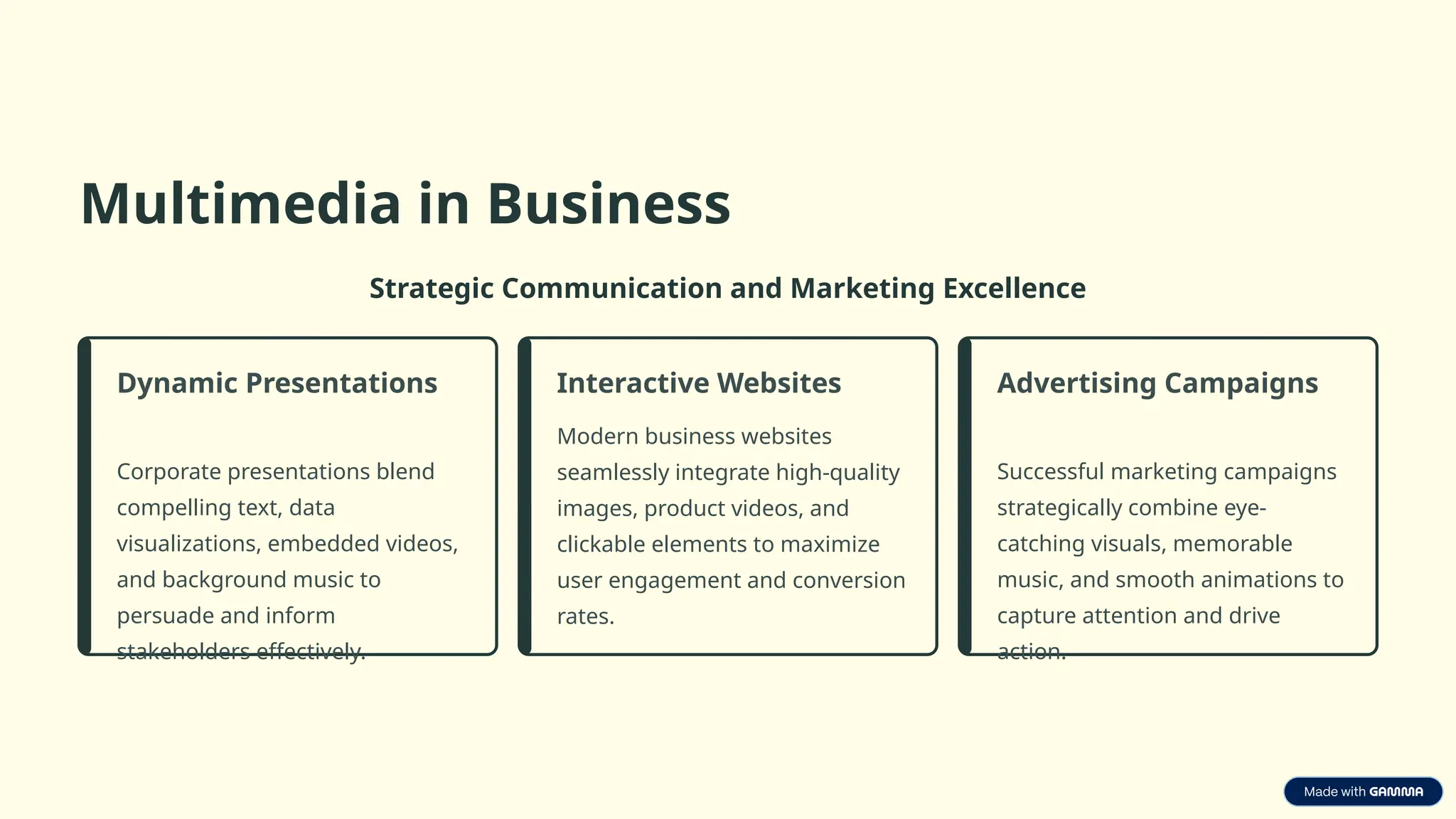 Multimedia in Business
Strategic Communication and Marketing Excellence
Dynamic Presentations
Corporate presentations blend
compelling text, data
visualizations, embedded videos,
and background music to
persuade and inform
stakeholders effectively.
Interactive Websites
Modern business websites
seamlessly integrate high-quality
images, product videos, and
clickable elements to maximize
user engagement and conversion
rates.
Advertising Campaigns
Successful marketing campaigns
strategically combine eye-
catching visuals, memorable
music, and smooth animations to
capture attention and drive
action.
 