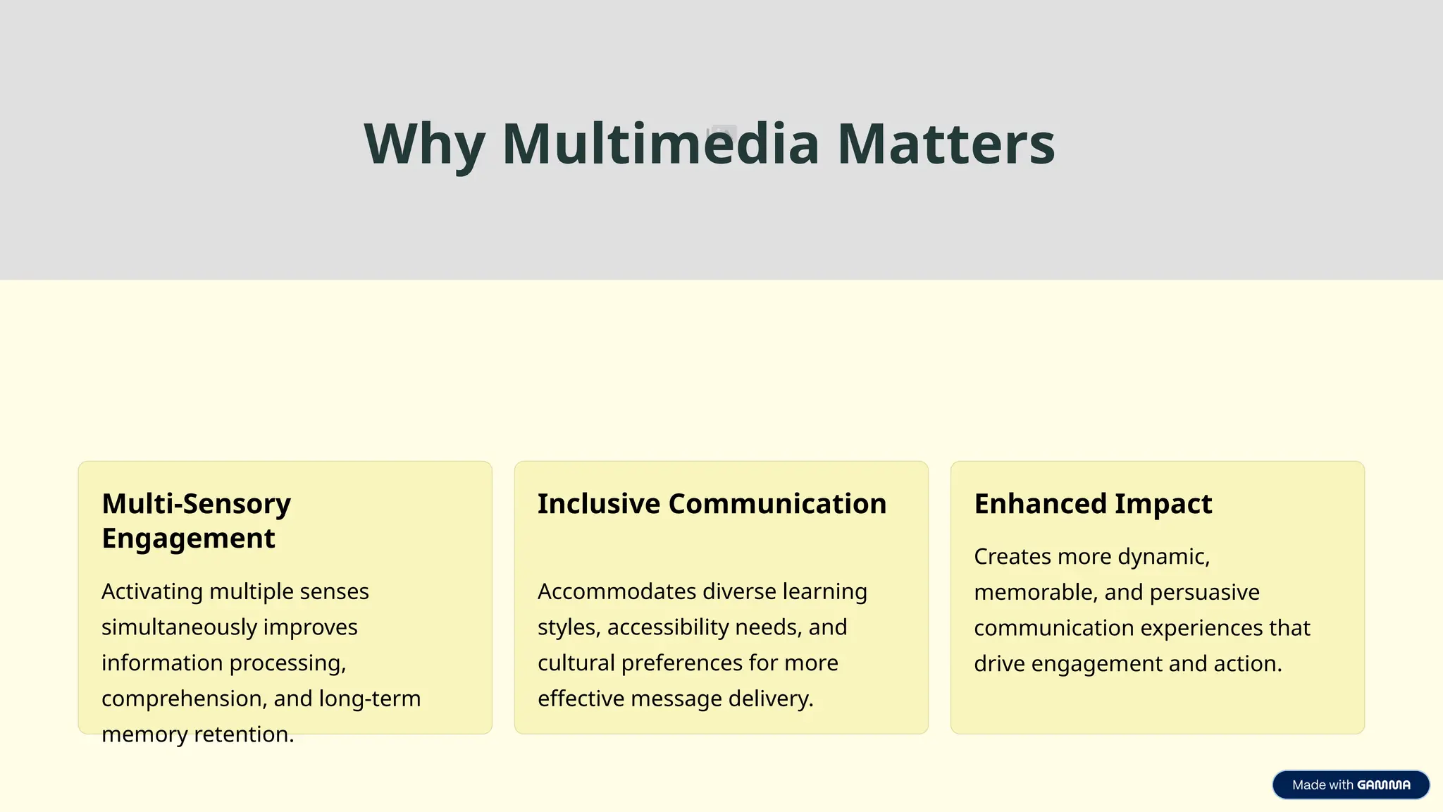 Why Multimedia Matters
Multi-Sensory
Engagement
Activating multiple senses
simultaneously improves
information processing,
comprehension, and long-term
memory retention.
Inclusive Communication
Accommodates diverse learning
styles, accessibility needs, and
cultural preferences for more
effective message delivery.
Enhanced Impact
Creates more dynamic,
memorable, and persuasive
communication experiences that
drive engagement and action.
 