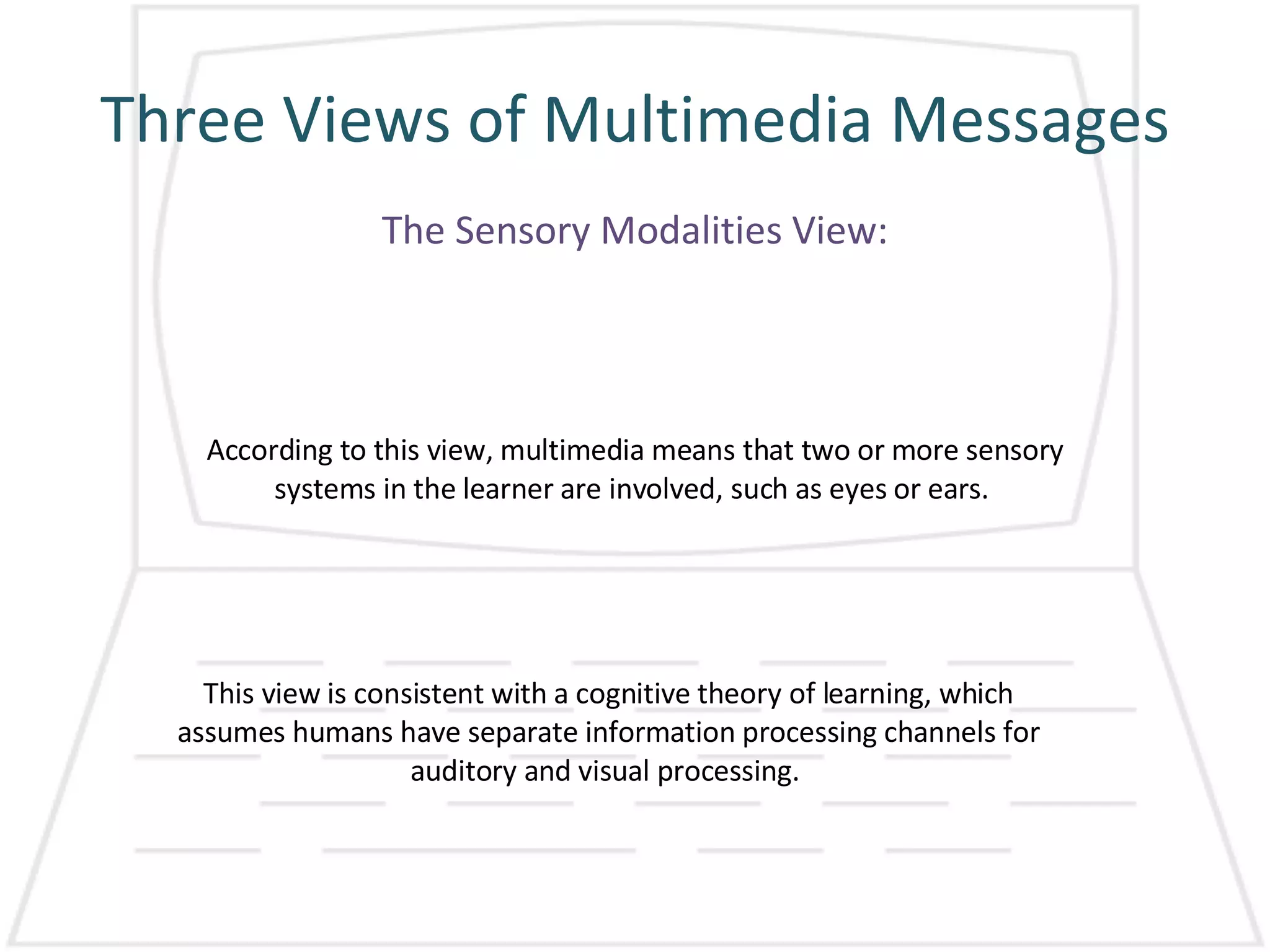 Three Views of Multimedia Messages The Sensory Modalities View: According to this view, multimedia means that two or more sensory systems in the learner are involved, such as eyes or ears.  This view is consistent with a cognitive theory of learning, which assumes humans have separate information processing channels for auditory and visual processing.  