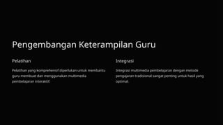 Pengembangan Keterampilan Guru
Pelatihan
Pelatihan yang komprehensif diperlukan untuk membantu
guru membuat dan menggunakan multimedia
pembelajaran interaktif.
Integrasi
Integrasi multimedia pembelajaran dengan metode
pengajaran tradisional sangat penting untuk hasil yang
optimal.
 