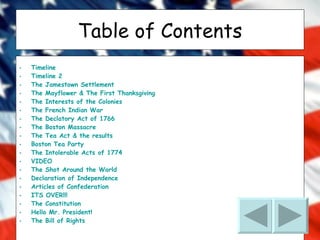 Table of Contents Timeline Timeline 2 The Jamestown Settlement The Mayflower & The First Thanksgiving The Interests of the Colonies The French Indian War The Declatory Act of 1766 The Boston Massacre The Tea Act & the results Boston Tea Party The Intolerable Acts of 1774 VIDEO The Shot Around the World Declaration of Independence Articles of Confederation ITS OVER!!! The Constitution Hello Mr. President! The Bill of Rights 