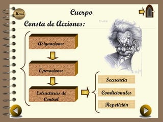 Menú
Menú             Cuerpo
   Consta de Acciones:

       Asignaciones




        Operaciones
                           Secuencia

       Estructuras de     Condicionales
           Control
                           Repetición
 