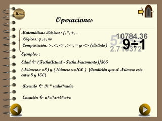 Menú
Menú
                    Operaciones
  Matemáticas Básicas: /, *, +, -
  Lógicas: y, o, no
  Comparación: >, <, <=, >=, = y <> (distinto)
  Ejemplos :
  Edad  (FechaActual - FechaNacimiento)/365
  (Número>=8) y (Número<=100 ) {Condición que el Número este
  entre 8 y 100}

   Acirculo  Pi * radio*radio

   Ecuación  a*x*x+b*x+c
 