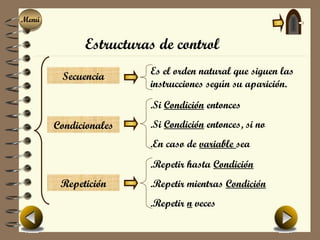 Menú
Menú


             Estructuras de control
                       Es el orden natural que siguen las
        Secuencia
                       instrucciones según su aparición.
                       .Si Condición entonces
       Condicionales   .Si Condición entonces, si no
                       .En caso de variable sea
                       .Repetir hasta Condición
        Repetición     .Repetir mientras Condición
                       .Repetir n veces
 