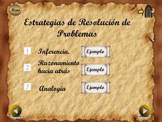 Menú
Menú


       Estrategias de Resolución de
                Problemas
          Inferencia.    Ejemplo

          Razonamiento
          hacia atrás    Ejemplo


           Analogía      Ejemplo
 