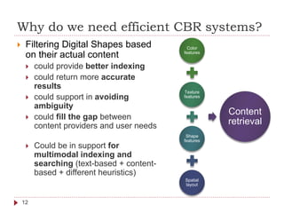 Why do we need efficient CBR systems?
 Filtering Digital Shapes based
on their actual content
 could provide better indexing
 could return more accurate
results
 could support in avoiding
ambiguity
 could fill the gap between
content providers and user needs
 Could be in support for
multimodal indexing and
searching (text-based + content-
based + different heuristics)
Color
features
Texture
features
Shape
features
Spatial
layout
Content
retrieval
12
 