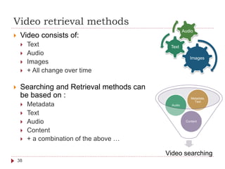 Video retrieval methods
 Video consists of:
 Text
 Audio
 Images
 + All change over time
 Searching and Retrieval methods can
be based on :
 Metadata
 Text
 Audio
 Content
 + a combination of the above …
Images
Text
Audio
Video searching
Content
Audio
Metadata,
Text
38
 