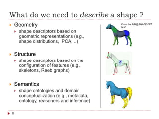 What do we need to describe a shape ?
8
 Geometry
 shape descriptors based on
geometric representations (e.g.,
shape distributions, PCA, ..)
 Structure
 shape descriptors based on the
configuration of features (e.g.,
skeletons, Reeb graphs)
 Semantics
 shape ontologies and domain
conceptualization (e.g., metadata,
ontology, reasoners and inference)
From the AIM@SHAPE FP7
NoE
 