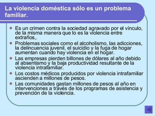 La violencia doméstica sólo es un problema familiar. Es un crimen contra la sociedad agravado por el vínculo, de la misma manera que lo es la violencia entre extraños,.  Problemas sociales como el alcoholismo, las adicciones, la delincuencia juvenil, el suicidio y la fuga de hogar aumentan cuando hay violencia en el hogar.  Las empresas pierden billones de dólares al año debido al absentismo y la baja productividad resultante de la violencia intrafamiliar.  Los costos médicos producidos por violencia intrafamiliar ascienden a millones de pesos.  Las comunidades gastan millones de pesos al año en intervenciones a través de los programas de asistencia y prevención de la violencia.    