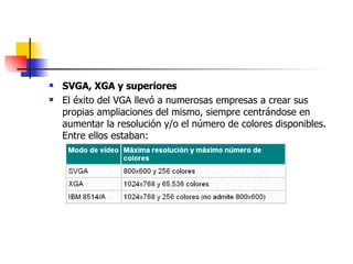 SVGA, XGA y superiores El éxito del VGA llevó a numerosas empresas a crear sus propias ampliaciones del mismo, siempre centrándose en aumentar la resolución y/o el número de colores disponibles. Entre ellos estaban: 