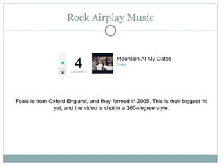 Rock Airplay Music
Foals is from Oxford England, and they formed in 2005. This is their biggest hit
yet, and the video is shot in a 360-degree style.
 