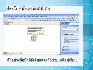 ประโยชน์ของมัลติมีเดีย

ตัวอย่างสื่อมัลติมีเดียแสดงวิธีช่วยเหลือผูเรียน
้

 