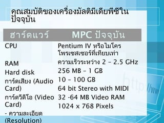 คุณสมบัติของเครื่องมัลติมีเดียพีซีใน
ปัจจุบัน

ฮำร์ด แวร์

MPC ปัจ จุบ ัน

Pentium IV หรือไมโคร
โพรเซสเซอร์ทเทียบเท่ำ
ี่
ควำมเร็วระหว่ำง 2 – 2.5 GHz
RAM
256 MB – 1 GB
Hard disk
กำร์ดเสียง (Audio 10 – 100 GB
Card)
64 bit Stereo with MIDI
กำร์ดวีดีโอ (Video 32 -64 MB Video RAM
Card)
1024 x 768 Pixels
- ควำมละเอียด
(Resolution)
CPU

 