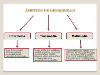 El uso de elementos de
diferentes medios de
comunicación para la
transmisión de un mensaje.
Intermedia Transmedia Multimedia
La palabra Multimedia implica que la
transmisión del mensaje es efectuada a
través de una computadora, es decir
que el usuario final de las aplicaciones
se encuentra frente a una computadora.
En este ámbito, la computadora ha
resultado una valiosa herramienta,
no sólo para hacer más fácil
labores de edición, sino para hacer
posibles manejos antes
considerados como imposibles.
 