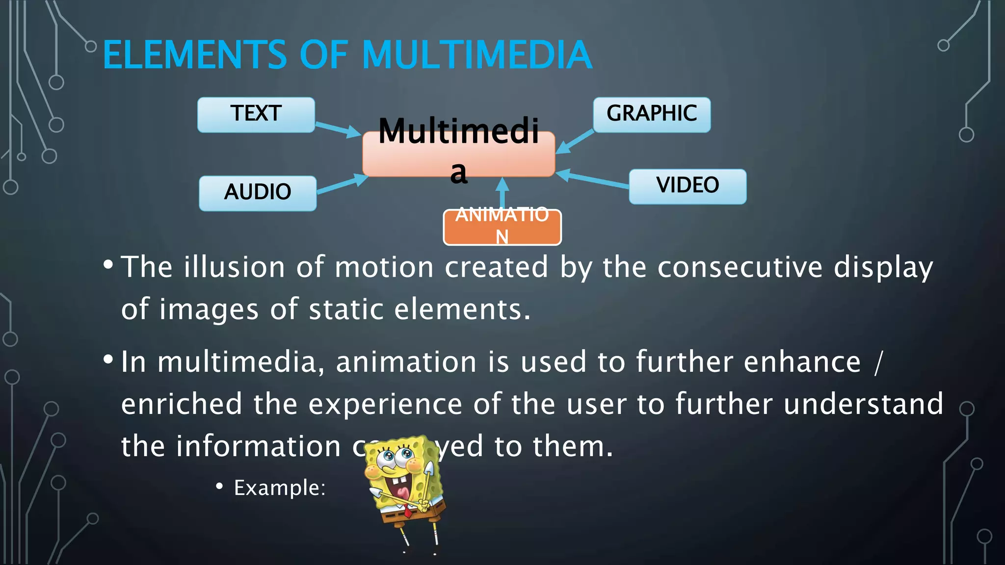 ELEMENTS OF MULTIMEDIA
• The illusion of motion created by the consecutive display
of images of static elements.
• In multimedia, animation is used to further enhance /
enriched the experience of the user to further understand
the information conveyed to them.
• Example:
Multimedi
a
GRAPHIC
VIDEOAUDIO
TEXT
ANIMATIO
N
 