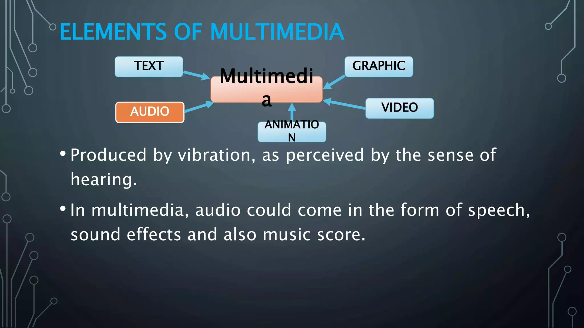 ELEMENTS OF MULTIMEDIA
• Produced by vibration, as perceived by the sense of
hearing.
• In multimedia, audio could come in the form of speech,
sound effects and also music score.
Multimedi
a
GRAPHIC
VIDEOAUDIO
TEXT
ANIMATIO
N
 
