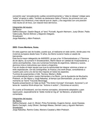 concentric way” (encadenando vueltas concéntricamente) y “relax to release” (relajar para 
“soltar” el apoyo a valle). También se destacaron Italia y Francia, los primeros con una 
esquiada muy dinámica y mas natural que en Japón, y los segundos con una posición 
más neutra en el inicio, con rotación leve del tronco. 
Integrantes del equipo: 
Ski Alpino: 
Delfina Darquier, Gastón Begué, el “tano” Puricelli, Agustín Neimann, Justy Olivieri, Pablo 
Valenzuela, Ramón Birkner y Alejandro Delgado. 
Snowboard: 
Jorge Nabarlaz y Albin Prebisch. 
2003: Crans Montana, Suiza. 
En este jugamos casi de locales, puesto que, al realizarse en este centro, donde paso mis 
inviernos europeos desde hace 14 años, los Demo tuvieron hasta un asado de 
bienvenida. 
Esta fue la mayor delegación de AADIDES, ya que a los 10 Demostradores y 3 Técnicos 
de ski alpino, se sumaron 4 Snowboarders, Martín Bacer en calidad de Vicepresidente, y 
varios acompañantes, mas una numerosa hinchada de argentinos, italianos y suizos, 
alumnos míos e instructores que vienen a Argentina. 
Fue sin dudas el mejor equipo que tuve la oportunidad de integrar volvimos a tener un 
éxito espectacular, con las coreografías, la música y los work-shops, consolidando a 
nuestro país como uno de los tres mejores en todos los aspectos. 
Tuvimos de auspiciantes a Volk, Técnica, Marker y Bolle. 
Los entrenadores fueron Juanjo Hernandez e Ivo Bozic, con la Ayudantía de Muchacho 
Prebisch, en Ski Alpino y Jorge Nabarlaz, al tiempo que Demostrador, ya que a último 
momento se “borró” Facundo Beveraggi. 
Nuestra presentación en Sala se tituló “The Action Concept” (Concepto: Acciones”) y el 
tema de nuestros Work-shops fue: “Actions in action”, (“Acciones en acción). 
En cuanto al Snowboard, con los mismos conceptos, obviamente adaptados y gran 
repercusión, especialmente la “doble mortal en big air” de Mariano, ampliamente 
comentada. 
Integrantes del equipo: 
Ski Alpino: 
Delfina Darquier, Juan A. Olivieri, Pinky Fernández, Eugenio Asmar, Javier Espiase, 
Martín Carnaghi, Justy Olivieri, Santiago Massa, Demian Lasry y Agustín Neimann. 
Snowboard: 
Jorge Nabarlaz, Ramiro Cotes, Mariano Casabal y Albin Prebisch. 
 