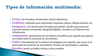  Texto: sin formatear, formateado, lineal e hipertexto.
 Gráficos: utilizados para representar esquemas, planos, dibujos lineales, etc.
 Imágenes: son documentos formados por píxeles. Pueden generarse por
copia del entorno (escaneado, fotografía digital) y tienden a ser ficheros muy
voluminosos.
 Animación: presentación de un número de gráficos por segundo que genera
en el observador la sensación de movimiento.
 Vídeo: Presentación de un número de imágenes por segundo, que crean en el
observador la sensación de movimiento. Pueden ser sintetizadas o captadas.
 Sonido: puede ser habla, música u otros sonidos.
 