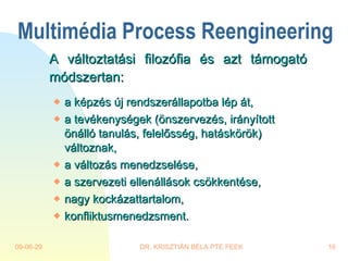 Multimédia Process Reengineering <ul><li>A változtatási filozófia és azt támogató módszertan: </li></ul><ul><ul><li>a képz...