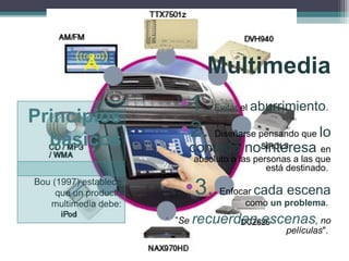 Multimedia
Principios
básicos
Bou (1997) establece
que un producto
multimedia debe:
•1. Evitar el aburrimiento.
•2. Diseñarse pensando que lo
contado no interesa en
absoluto a las personas a las que
está destinado.
•3. Enfocar cada escena
como un problema.
• ”Se recuerdan escenas, no
películas".
 