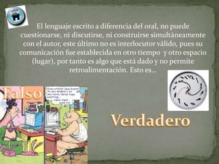 El lenguaje escrito a diferencia del oral, no puede
cuestionarse, ni discutirse, ni construirse simultáneamente
 con el autor, este último no es interlocutor válido, pues su
comunicación fue establecida en otro tiempo y otro espacio
   (lugar), por tanto es algo que está dado y no permite
                 retroalimentación. Esto es…
 