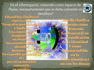 En el ciberespacio, conocido como espacio de
flujos, necesariamente que se debe convertir en
                   metáfora?
 