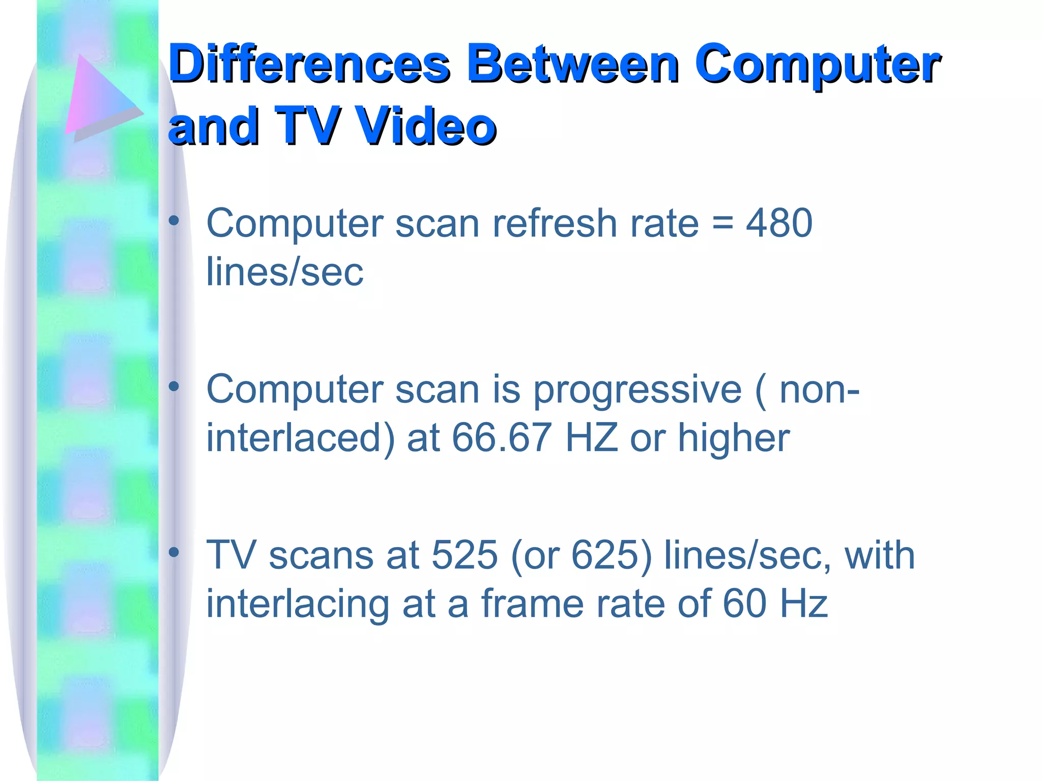 Differences Between Computer and TV Video Computer scan refresh rate = 480 lines/sec Computer scan is progressive ( non-interlaced) at 66.67 HZ or higher TV scans at 525 (or 625) lines/sec, with interlacing at a frame rate of 60 Hz 