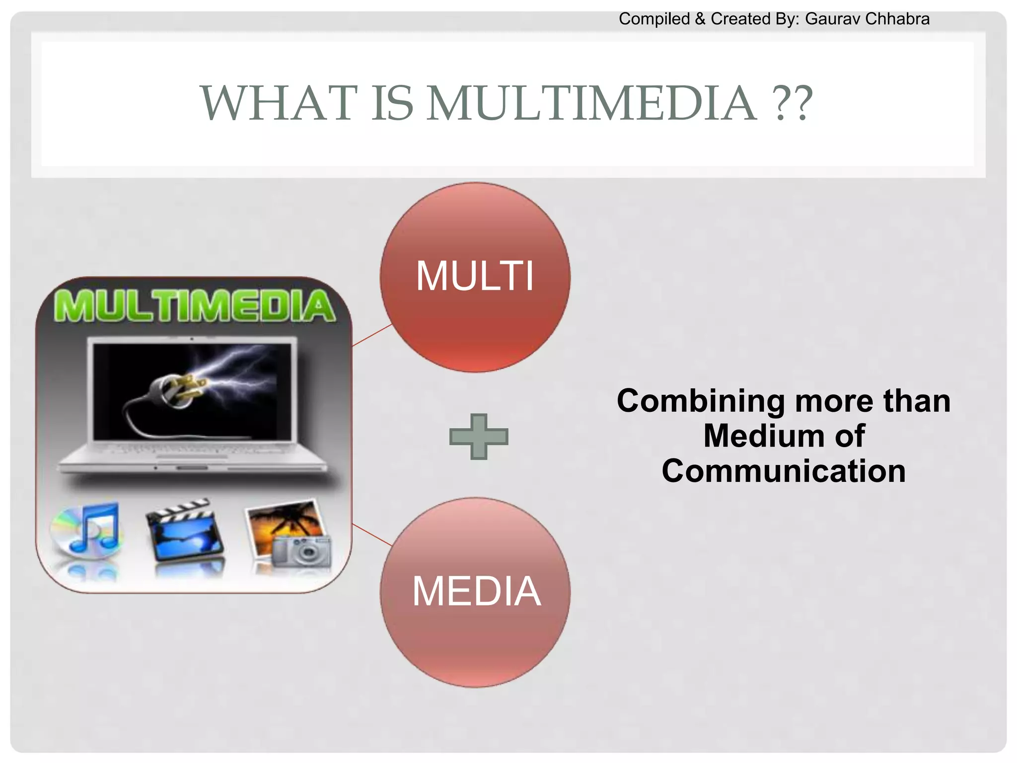 Compiled & Created By: Gaurav Chhabra
WHAT IS MULTIMEDIA ??
MULTI
MEDIA
Combining more than
Medium of
Communication
 