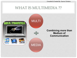 Compiled & Created By: Gaurav Chhabra
WHAT IS MULTIMEDIA ??
MULTI
MEDIA
Combining more than
Medium of
Communication
 