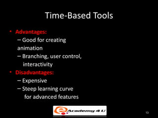 Time-Based Tools
• Advantages:
   – Good for creating
   animation
   – Branching, user control,
     interactivity
• Disadvantages:
   – Expensive
   – Steep learning curve
      for advanced features

                                 13
 