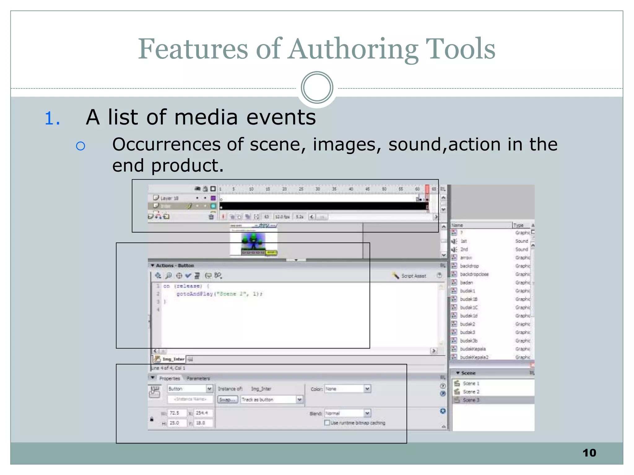 10
Features of Authoring Tools
1. A list of media events
 Occurrences of scene, images, sound,action in the
end product.
 