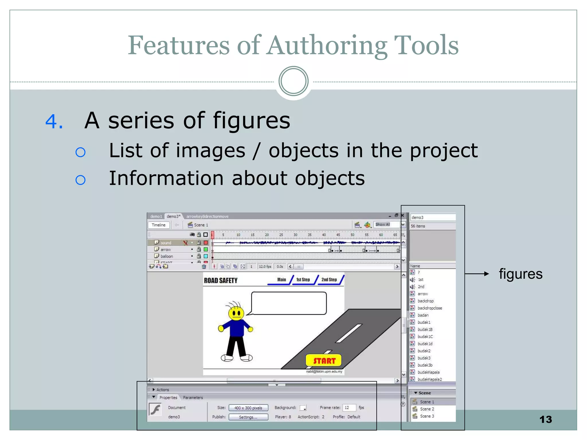 13
Features of Authoring Tools
4. A series of figures
 List of images / objects in the project
 Information about objects
figures
 
