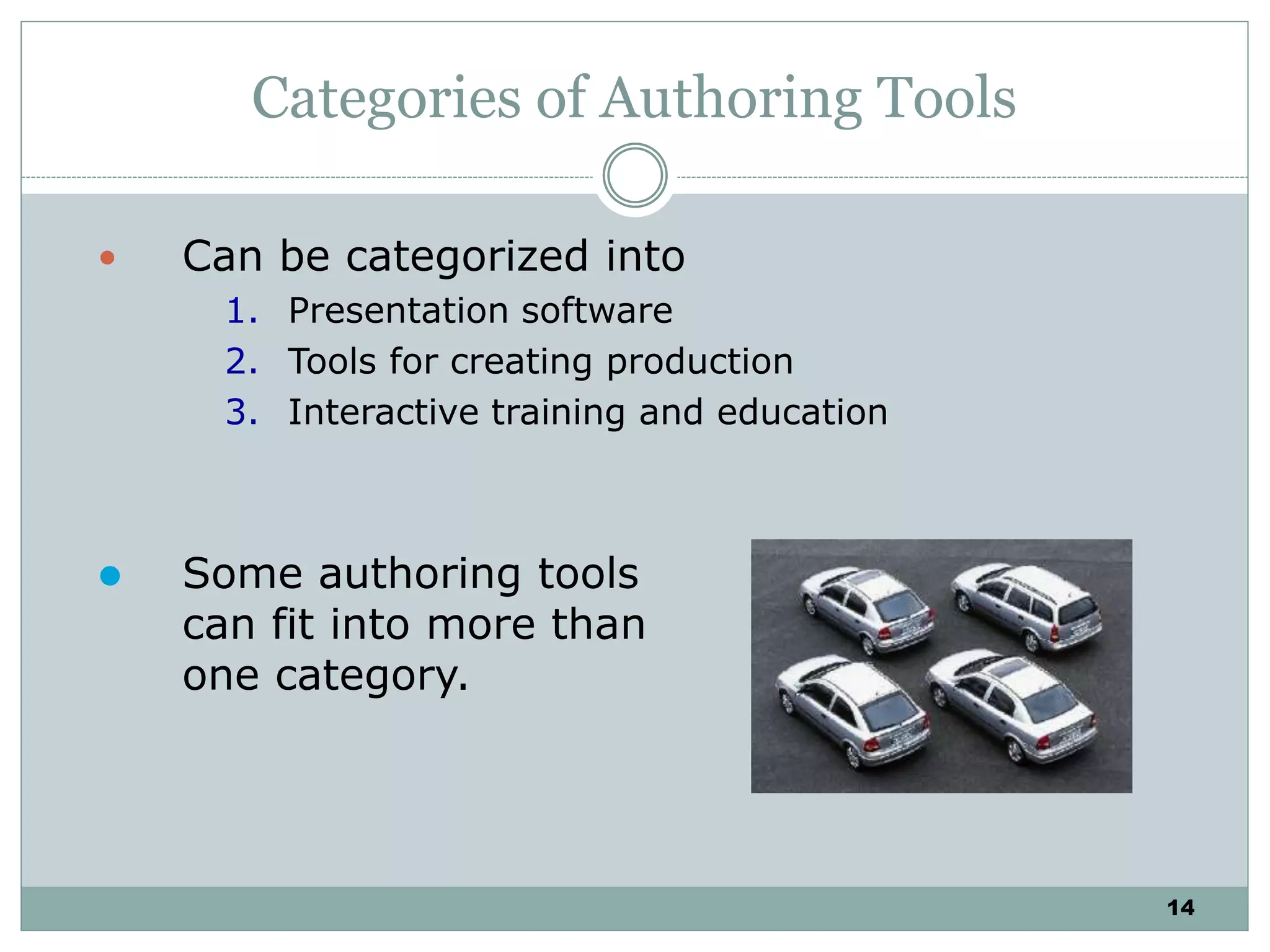 14
Categories of Authoring Tools
 Can be categorized into
1. Presentation software
2. Tools for creating production
3. Interactive training and education
 Some authoring tools
can fit into more than
one category.
 