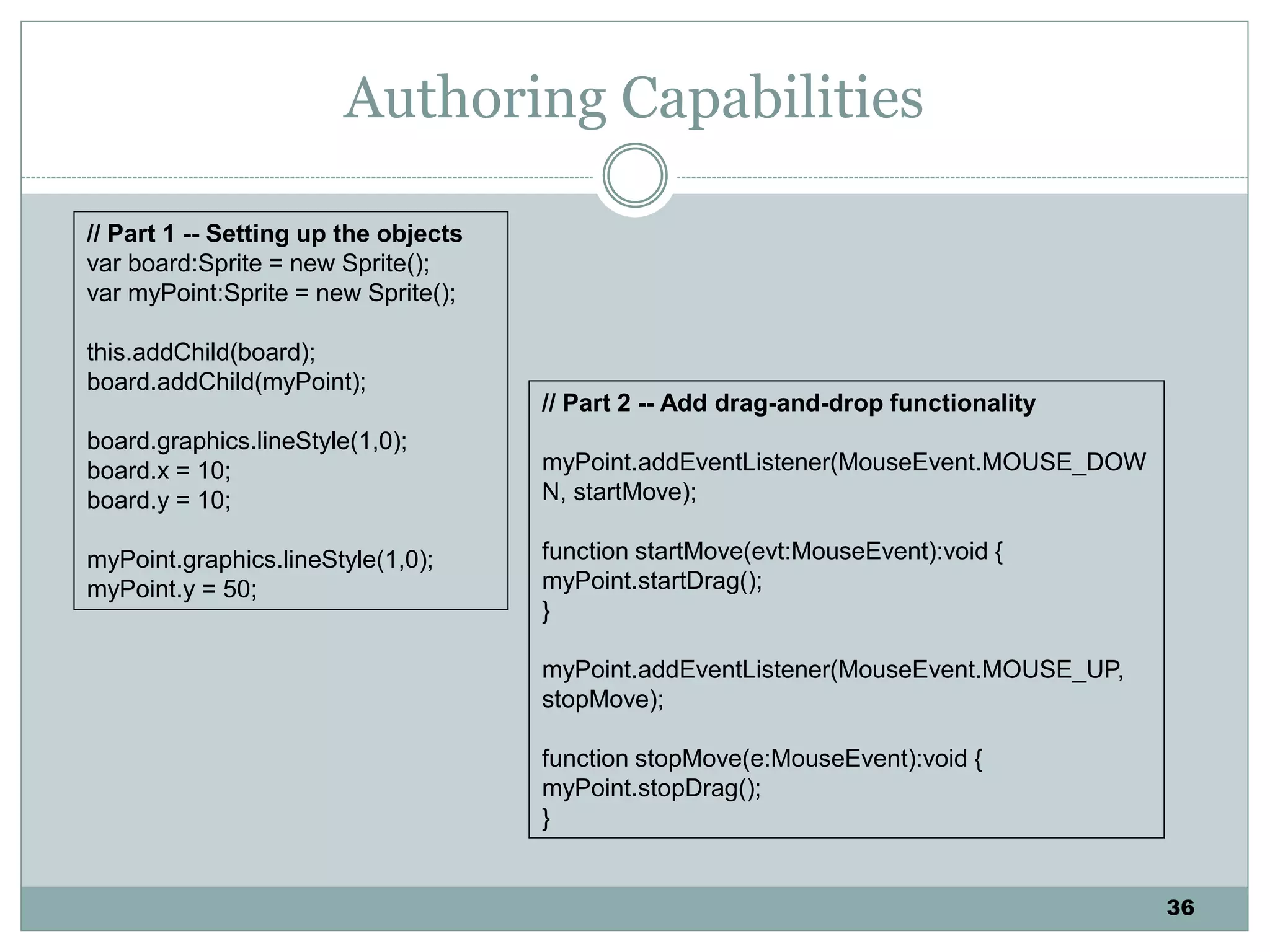 36
Authoring Capabilities
// Part 1 -- Setting up the objects
var board:Sprite = new Sprite();
var myPoint:Sprite = new Sprite();
this.addChild(board);
board.addChild(myPoint);
board.graphics.lineStyle(1,0);
board.x = 10;
board.y = 10;
myPoint.graphics.lineStyle(1,0);
myPoint.y = 50;
// Part 2 -- Add drag-and-drop functionality
myPoint.addEventListener(MouseEvent.MOUSE_DOW
N, startMove);
function startMove(evt:MouseEvent):void {
myPoint.startDrag();
}
myPoint.addEventListener(MouseEvent.MOUSE_UP,
stopMove);
function stopMove(e:MouseEvent):void {
myPoint.stopDrag();
}
 