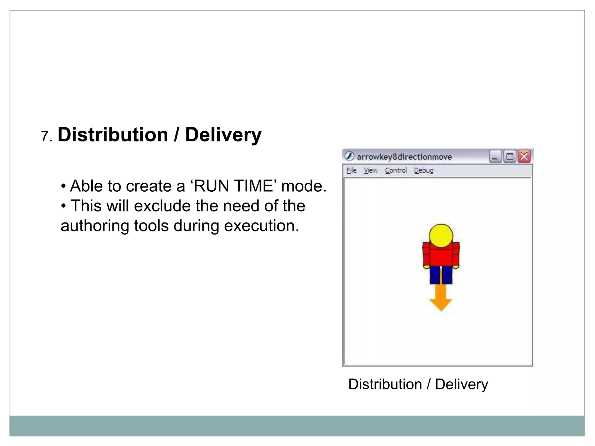Distribution / Delivery
7. Distribution / Delivery
• Able to create a ‘RUN TIME’ mode.
• This will exclude the need of the
authoring tools during execution.
 