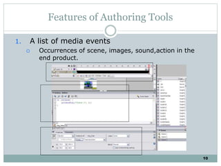 10
Features of Authoring Tools
1. A list of media events
 Occurrences of scene, images, sound,action in the
end product.
 