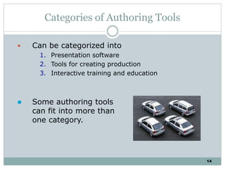 14
Categories of Authoring Tools
 Can be categorized into
1. Presentation software
2. Tools for creating production
3. Interactive training and education
 Some authoring tools
can fit into more than
one category.
 