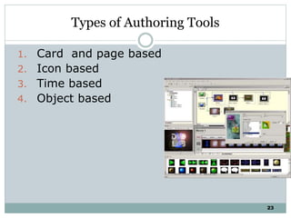 23
Types of Authoring Tools
1. Card and page based
2. Icon based
3. Time based
4. Object based
 