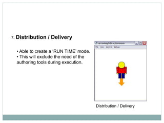 Distribution / Delivery
7. Distribution / Delivery
• Able to create a ‘RUN TIME’ mode.
• This will exclude the need of the
authoring tools during execution.
 