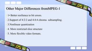 Other Major Differences fromMPEG-1
• 1• Better resilience to bit errors.
• 2.Support of 4:2:2 and 4:4:4 chroma subsampling.
• 3.Nonlinear quantization
• 4. More restricted slice structure
• 5. More flexible video formats.
 
