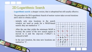 2D Logarithmic Search
• Logarithmic search: a cheaper version, that is suboptimal but still usually effective.
• The procedure for 2D Logarithmic Search of motion vectors takes several iterations
and is akin to a binary search:
11
1
1
111
11
2 22
2 22
2 2
3 3 3
3 3
3 3
3
• initially only nine locations in the search
window are used as seeds for a MAD-based
search; they are marked as ‘1’.
• After the one that yields the minimum MAD is
located, the center of the new search region is
moved to it and the step-size (”offset”) is
reduced to half.
• In the next iteration, the nine new locations are
marked as ‘2’,
 