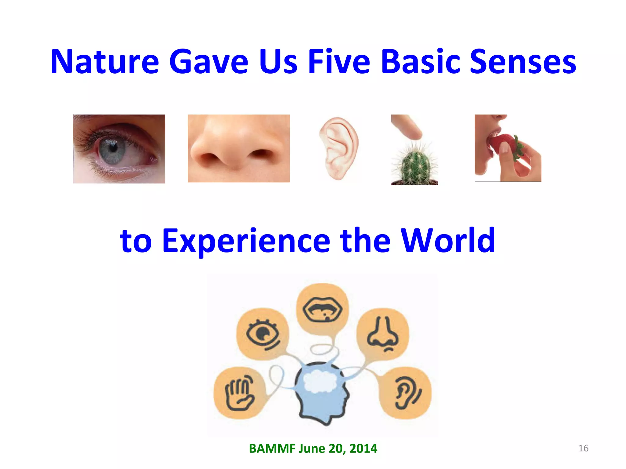 Nature	
  Gave	
  Us	
  Five	
  Basic	
  Senses	
  
BAMMF	
  June	
  20,	
  2014	
   16	
  
to	
  Experience	
  the	
  World	
  
 