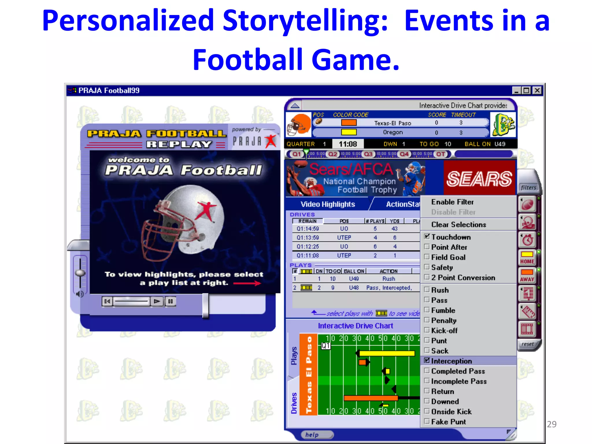 Personalized	
  Storytelling:	
  	
  Events	
  in	
  a	
  
Football	
  Game.	
  
BAMMF	
  June	
  20,	
  2014	
   29	
  
 